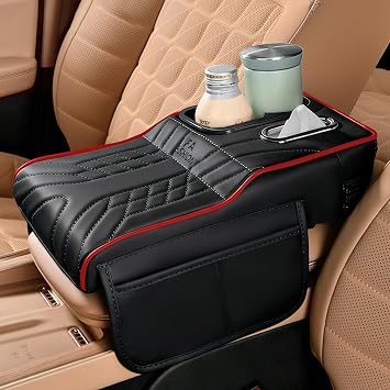 Car Center Console Armrest Pillow, 13.4"7.5"2" Leather Auto Arm Rest Cover with Pocket & Tissue Box & Cup Holder, Multifunctional Vehicle Armrest Cushion Pad, Car Accessories Black+Red