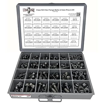 Metric Class 10.9 Hex Cap Flange Frame Bolts & Locking Flange Nuts Assortment Kit - 370 Pieces!