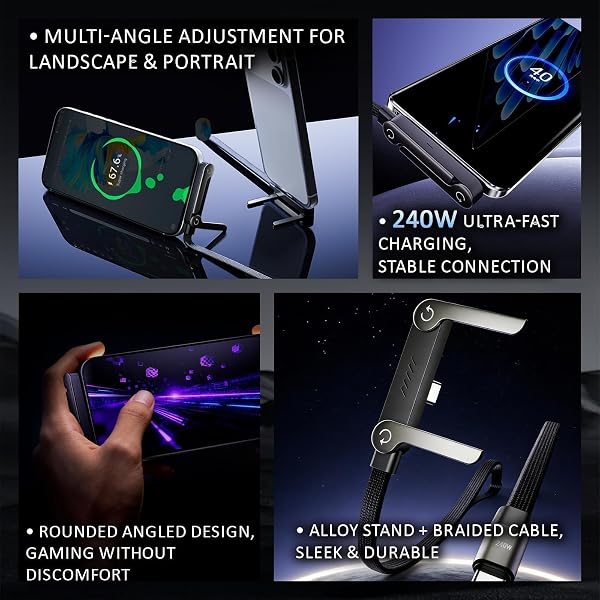 nnOuOnn Invisible Foldable Holder Charger Cable with Stand, 240w Fast Charging Stand Sideways Data Cables with Bendphone Accessories, Flat USB c 5 FT/150cm, for iPhone 17 Series, S25 S24 Ultra - 3