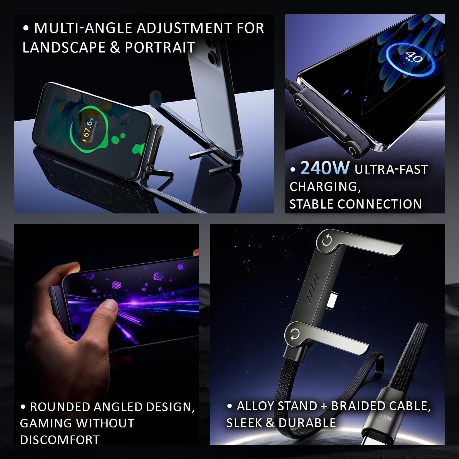 nnOuOnn Invisible Foldable Holder Charger Cable with Stand, 240w Fast Charging Stand Sideways Data Cables with Bendphone Accessories, Flat USB c 5 FT/150cm, for iPhone 17 Series, S25 S24 Ultra — view 3