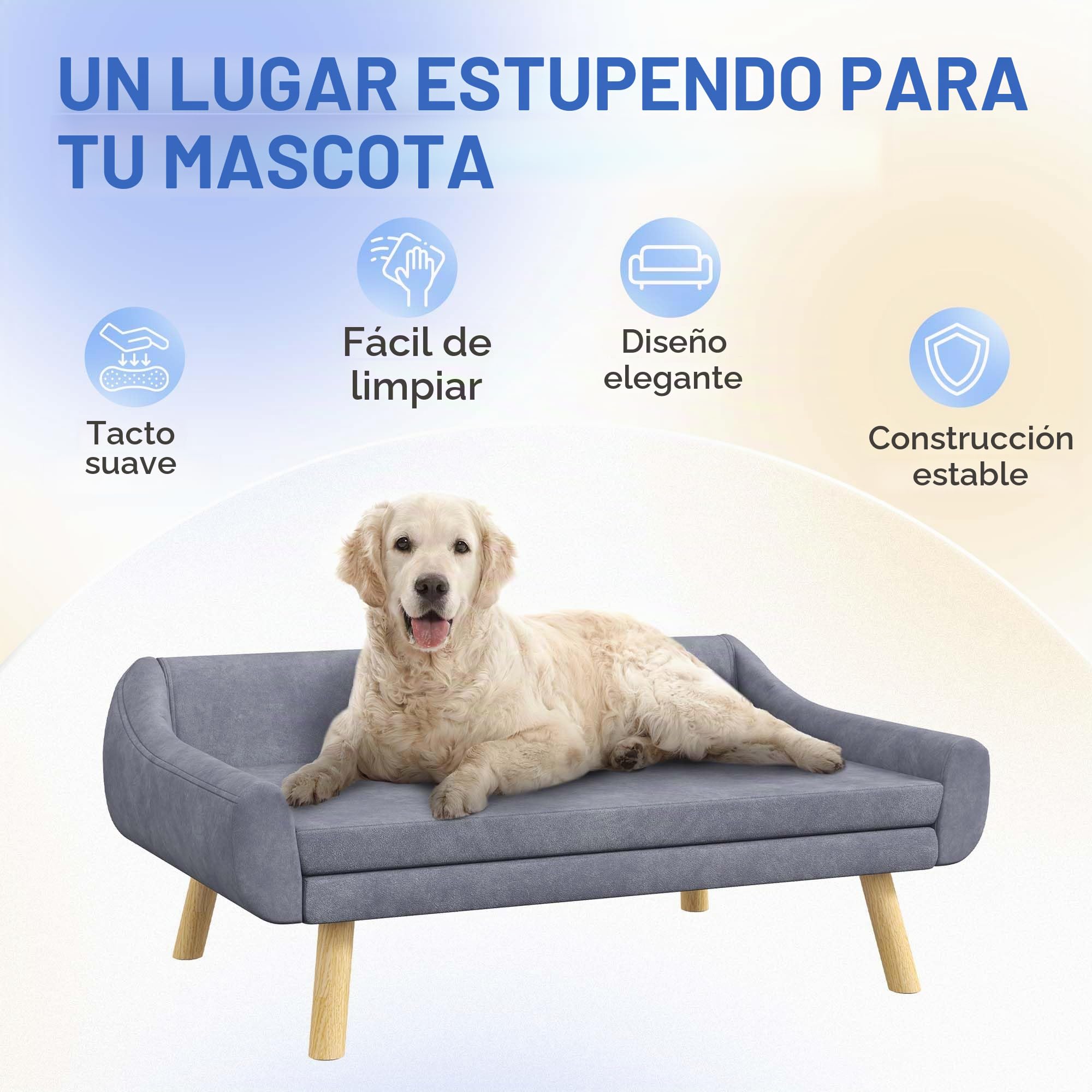 PawHut Sofá para Perros Grandes con Respaldo Gris 102x58.5x42.5 cm | Sofá para gatos, sofá para perros con patas de madera, sofá para mascotas con cojín, terciopelo.