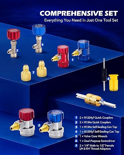 Miniatura 8 de Orion Motor Tech Juego de bomba de vacío y manómetro de CA y medidores de CA R1234yf de 3 vías con acopladores rápidos y grifo de lata autosellante,