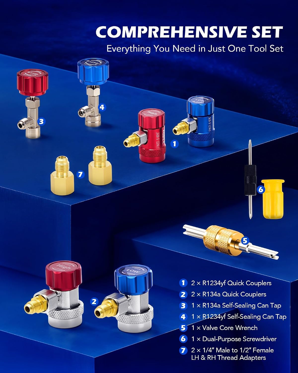 All components included in the Orion Motor Tech 3-Way AC Manifold Gauge Set