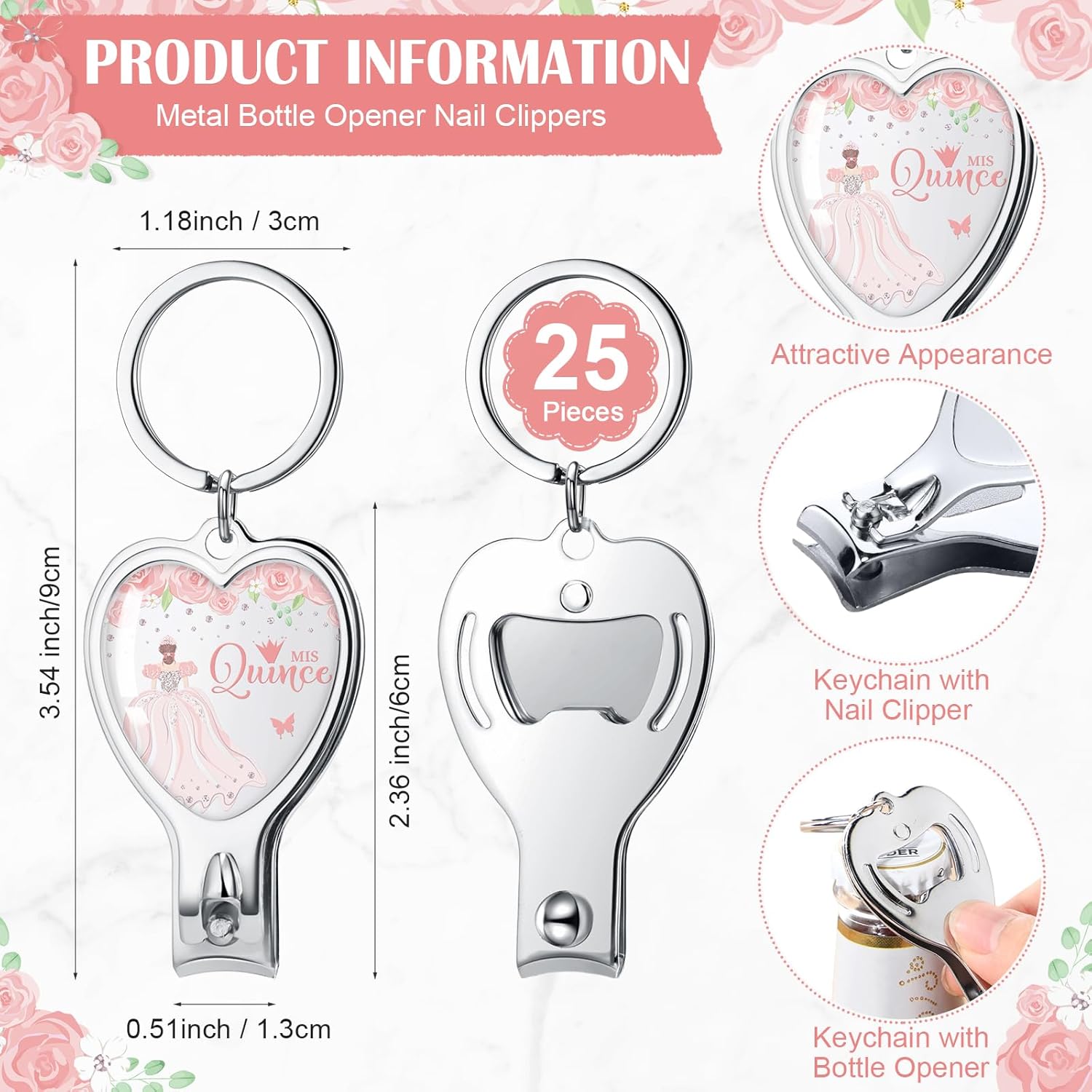 Landical 25 Sets Pink 15th Quinceanera Party Favors Includes Quince Keychain Bottle Opener Nail Clipper Thank You Cards Organza Bags for Guests Sweet 15 Birthday Party Adults Souvenirs - Image 2