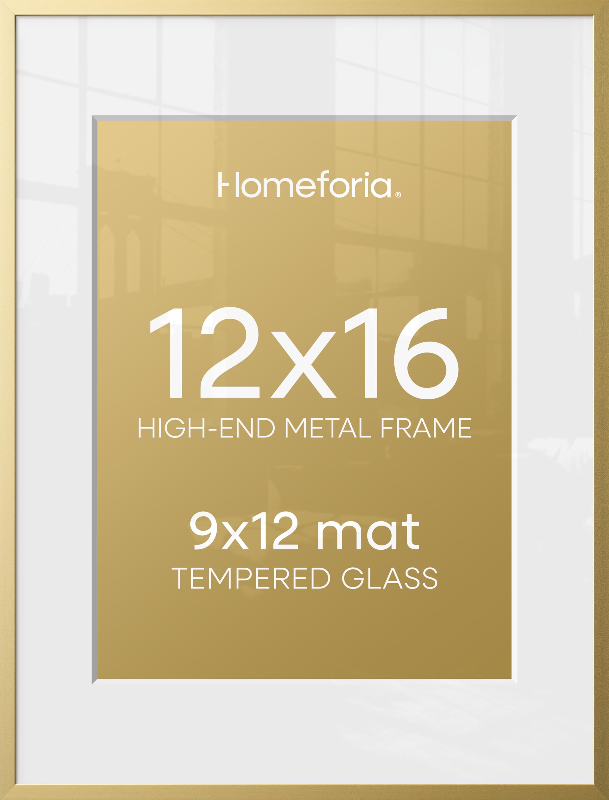 Homeforia 12x16 Gold Picture Frame, High-End Metal, 9x12 Mat, Glass | High End Aluminum, Tempered Glass, Acid-Free 9x12 Removable Mat, 12x16 in Edge-to-Edge Display 16x12, Wall Kit, Set Of 1