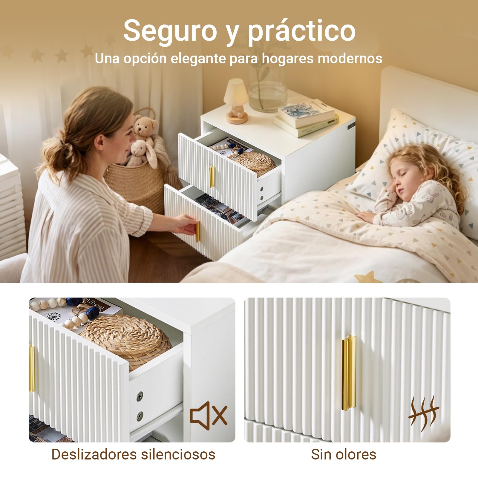 SoBuy Juego de 2 Mesita de Noche con 2 cajones y Patas metálicas Doradas, Mesa de Noche Moderna para Dormitorio y salón, Ideal para Estudiantes y familias, Blanco, 40x40x47 cm, FBT115-Wx2