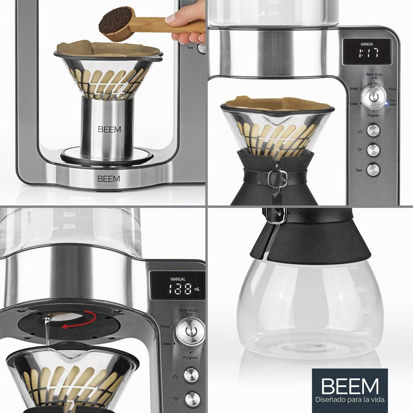 Beem Basic Selection Pour Over - Cafetera goteo con báscula de cristal, de acero inoxidable, jarra de café de 0,75 L, con principio de preparación directa, con cabezal giratorio