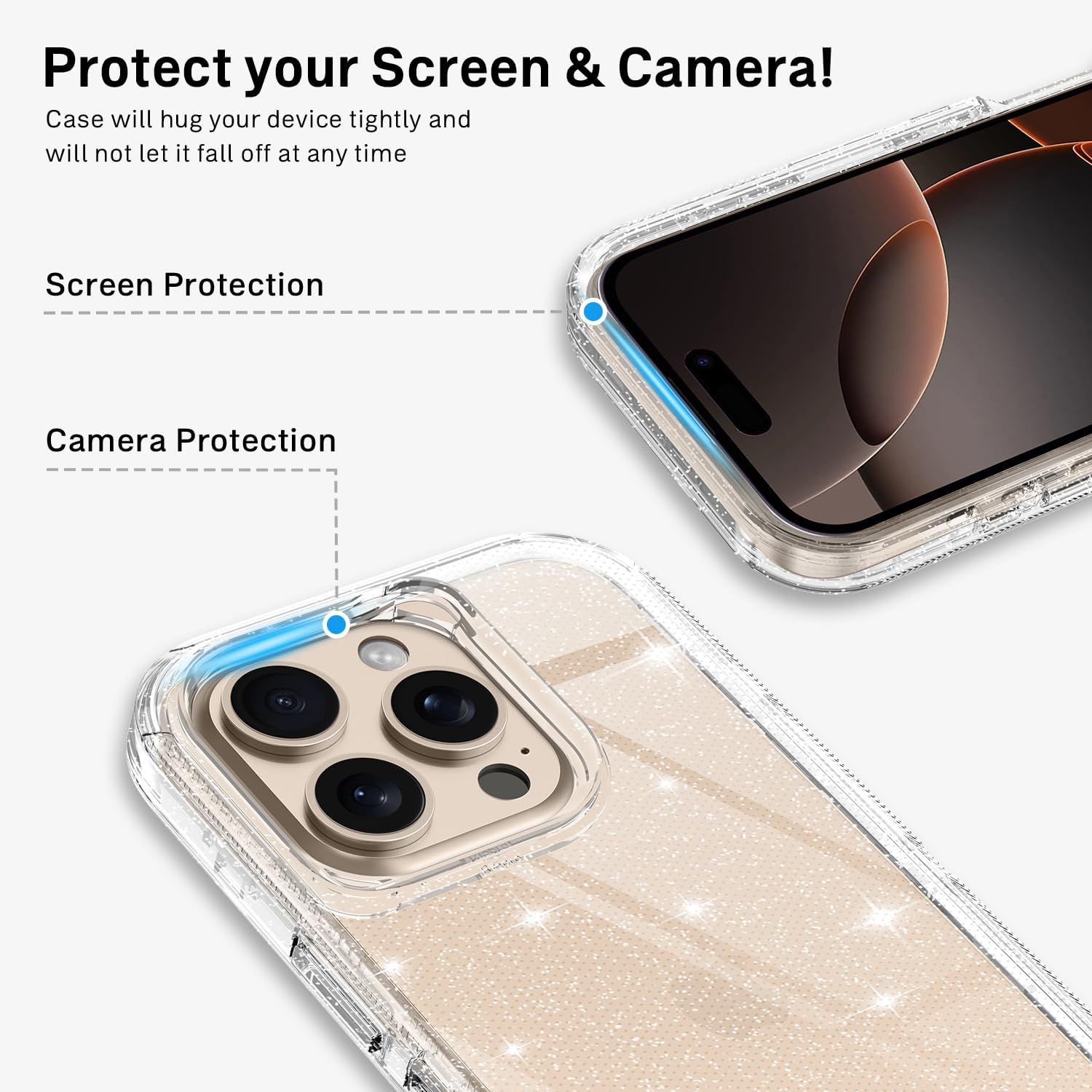 I-HONVA for iPhone 16 Pro Max Case Clear [Non Yellowing] Shockproof Dust/Drop Proof 3-Layer Protection [Without Screen Protector] Rugged Heavy Duty Cover for iPhone 16 Pro Max 6.9",Clear Glitter - Image 4