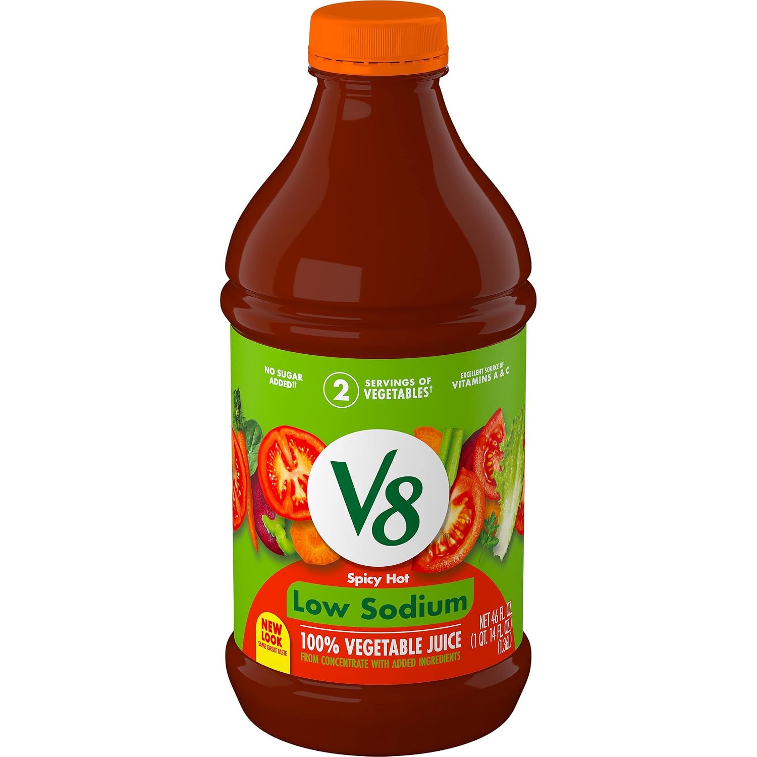 V8 Low Sodium Spicy Hot 100% Vegetable Juice, Vegetable Blend Juice with Tomato Juice and Spices, 46 FL OZ Bottle