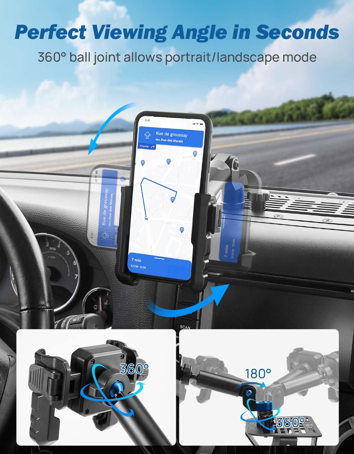 JOYTUTUS Supporto per telefono in metallo compatibile con Wrangler JK 2007-2018 (non compatibile con Wrangler JL 2018) | Piattaforma di espansione per supporto telefono su misura | Clip regolabile con