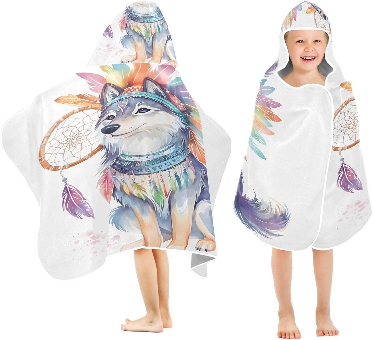 Cute Watercolor Wolf Indian Kids Bath Towels Hooded Poncho, 50x23.5in Quick Dry Beach Towels for Boys Girls Toddlers, Soft Absorbent Baby Bath & Hooded Towels Cape for Swimming Bathroom