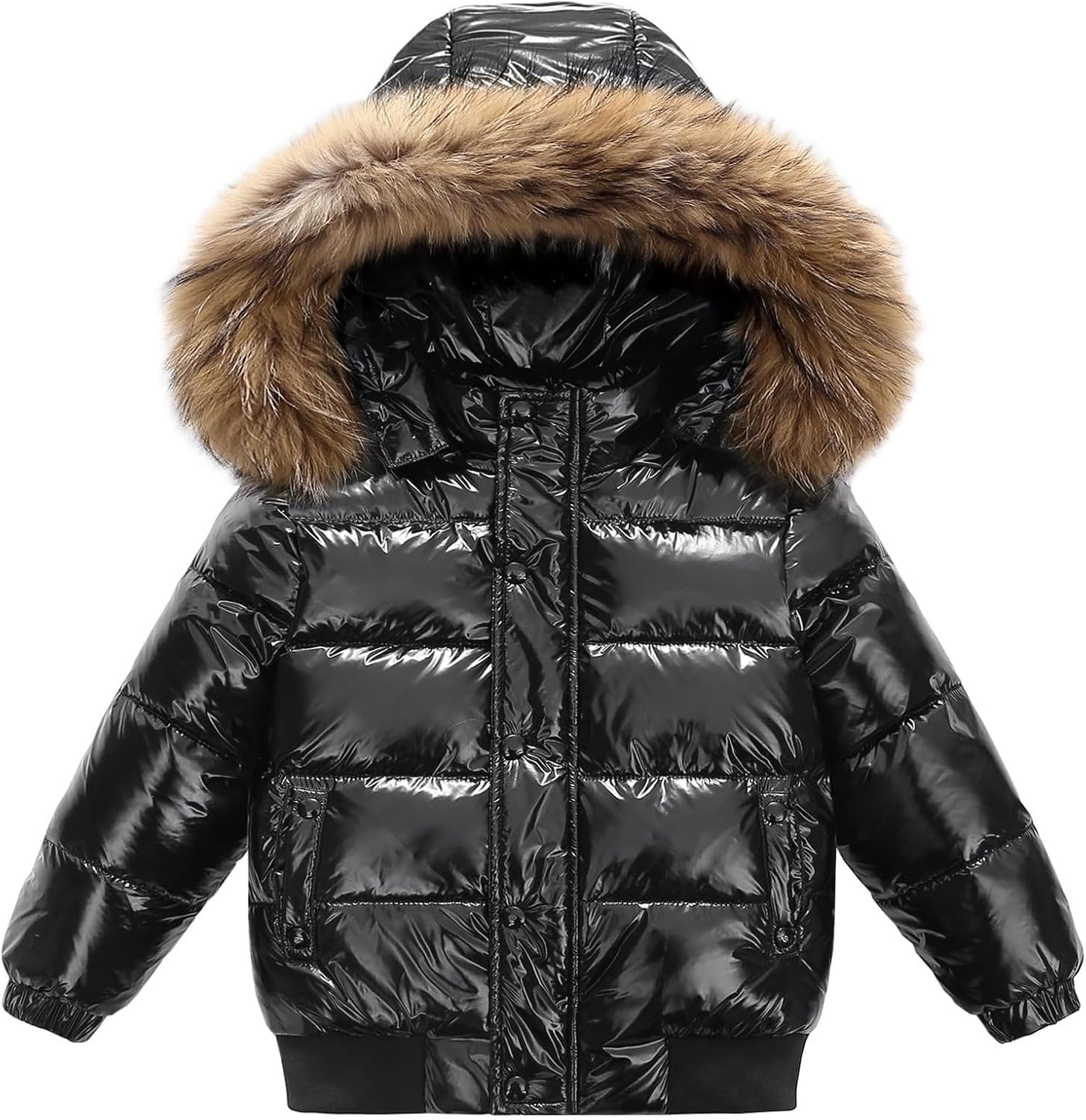Kids Puffer Jacket Metallic Shiny Lightweight Waterproof Quilted Down Coats with Detachable Hood Boys Girls Winter Outerwear
