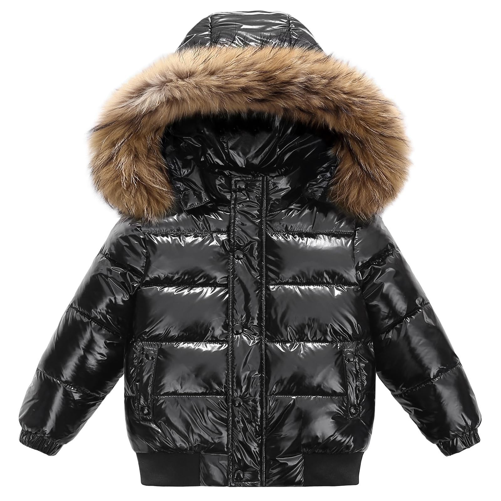Daunenjacke Mädchen Jungen Winter Kurz Glänzend Steppjacke Wintermantel mit Abtrennbare Fellkapuze Kinder Casual Mode Daunenmantel Outdoor Winddicht Leichtgewichtige Winterjacke Übergangsjack