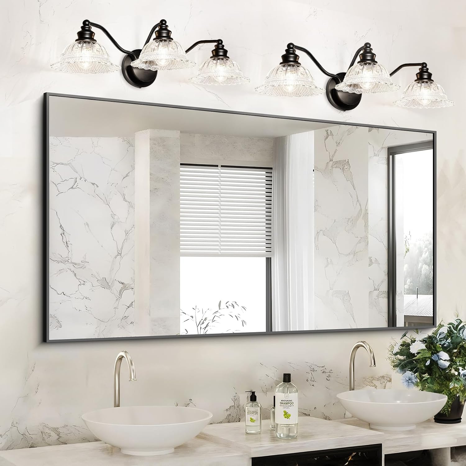 Redluck Vintage Bathroom Vanity Light Fixture, 3-Light Bathroom Lighting Fixtures Over Mirror, Matte Black Finish with Crystal Glass Shade, Wall Sconces Lighting for Bedroom, Living Room, Hallway