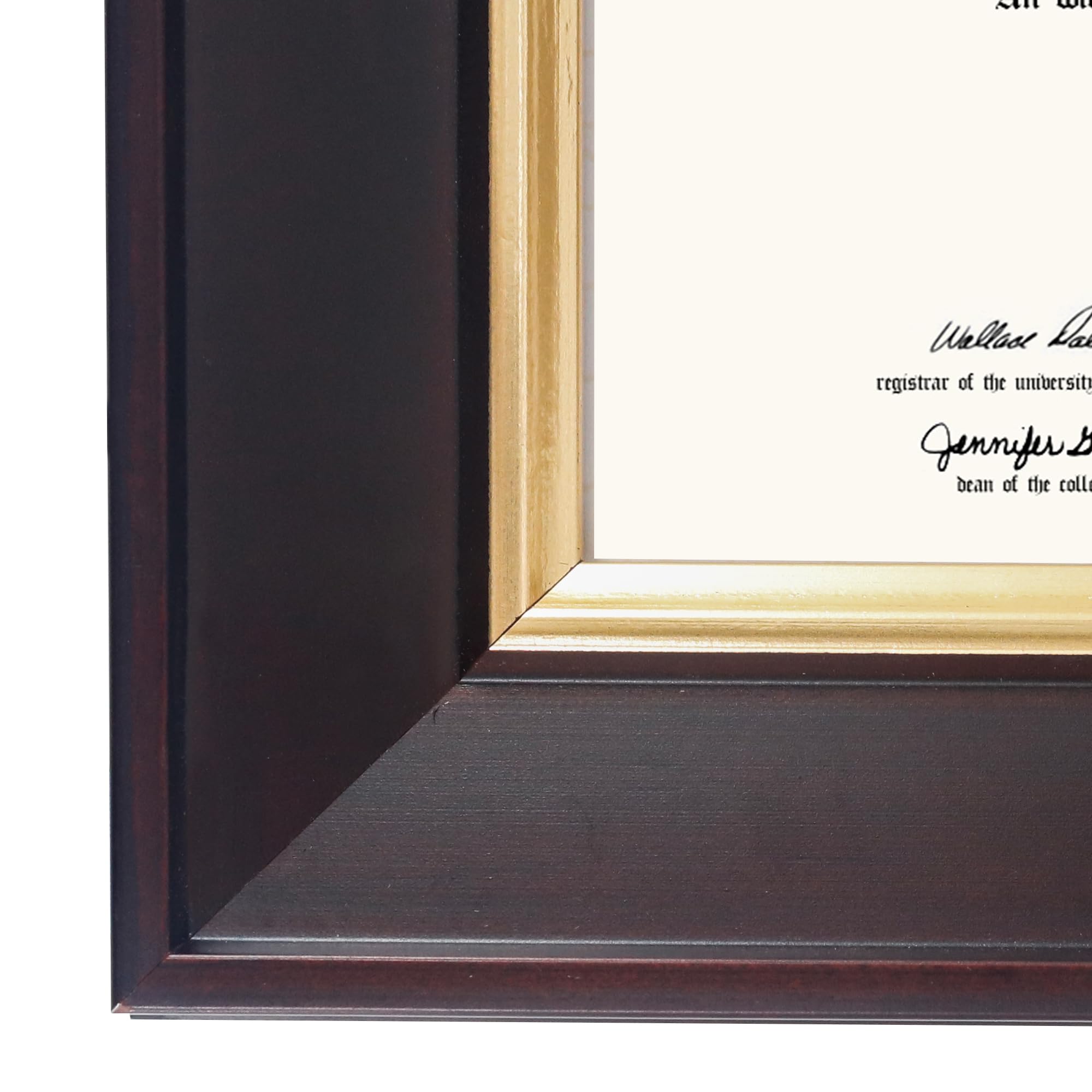 GMFrames Drewniana ramka dyplomowa 8,5 x 11 z fioletową matą lub wyświetlaczem certyfikaty 11 x 14 bez maty, szkło hartowane, ciemnobrązowe wykończenie ze złotym wykończeniem