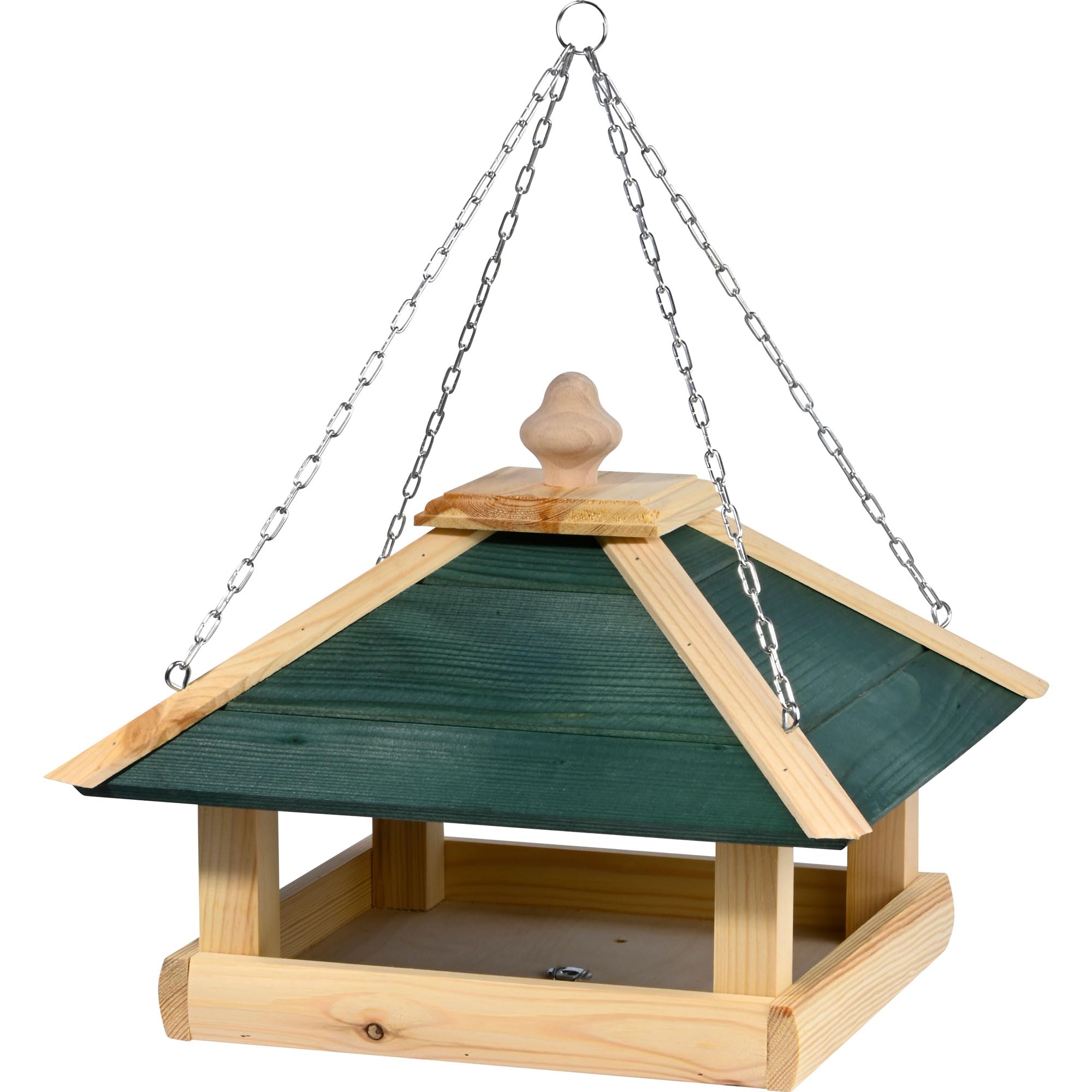 dobar green label Großes Vogelfutterhaus "Narsaq" mit Kette zum Aufhängen | Vogelhaus mit grünem Dach | Futterstation für Wildvögel | Wildvogelfutterplatz | 39 x 39 x 30 cm | Kiefer