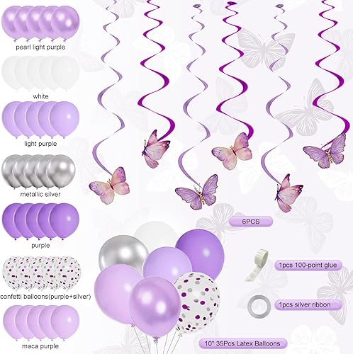 Miniatura 3 de 72 piezas de decoraciones de fiesta de cumpleaños moradas para niñas y mujeres, lavanda púrpura y mariposa plateada, suministros de decoración de