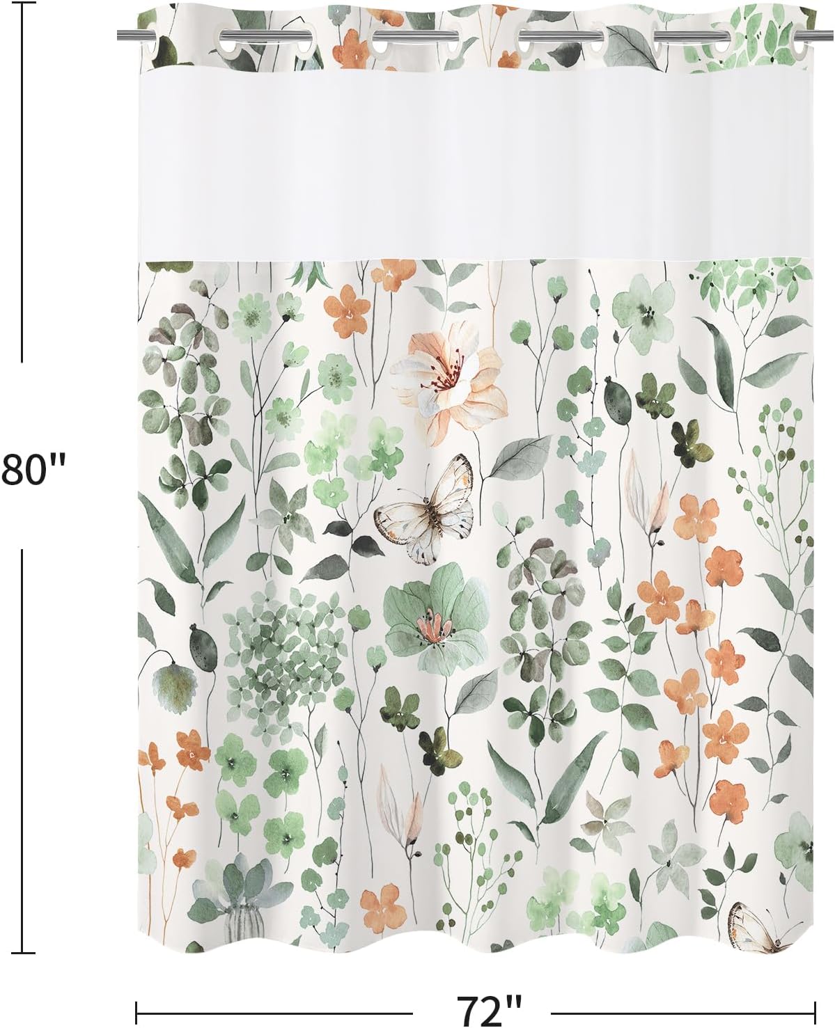 Litabel Long No Hook Sage Green Watercolor Floral Shower Curtain and Liner Set, Sage Flower Shower Curtain with Snap in Liner for Farmhouse Decor, Modern Botanical Bathroom Curtain with Leaves, 72x80
