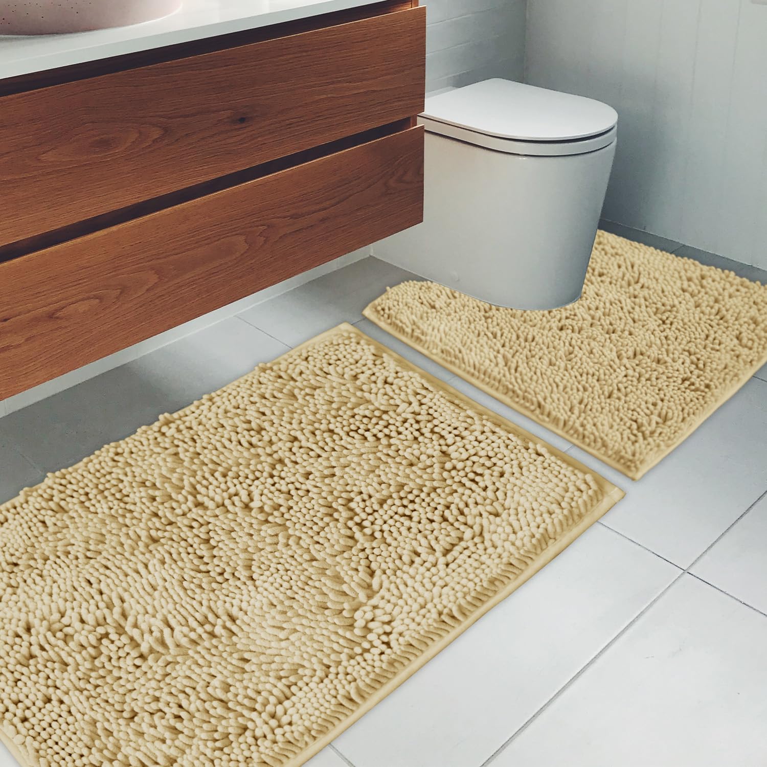 Juego de 2 tapetes de baño de felpilla, superabsorbentes, con parte trasera antideslizante de PVC fuerte, tapetes de baño para baño, felpa peluda, gruesas, lavables a máquina, bañera, ducha,