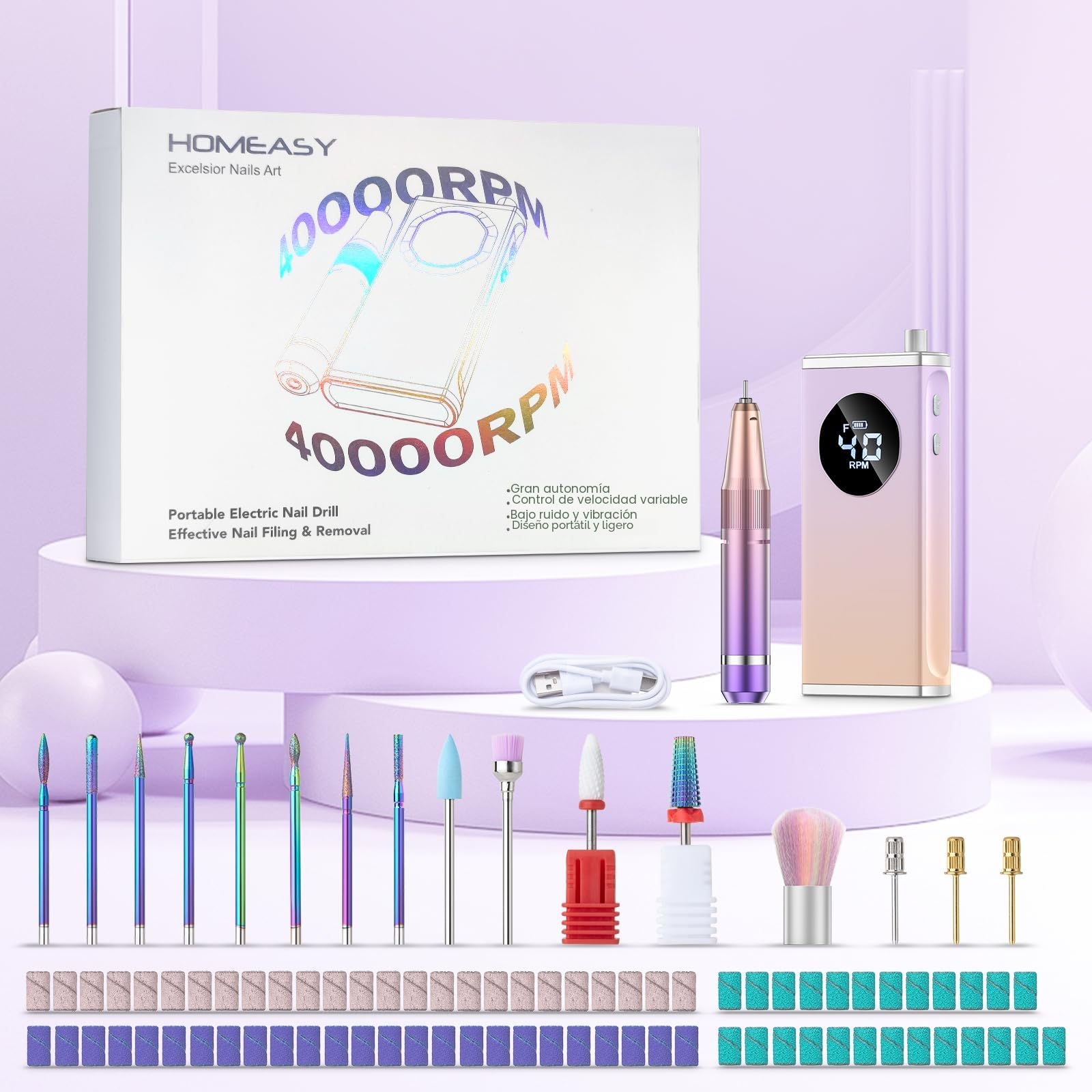HOMEASY 16 en 1 Limador de Uñas Eléctrico Profesional 40000 RPM con 3000mAh - Kit de Manicura y Pedicura para Acrílicos, Gels y Uñas Naturales