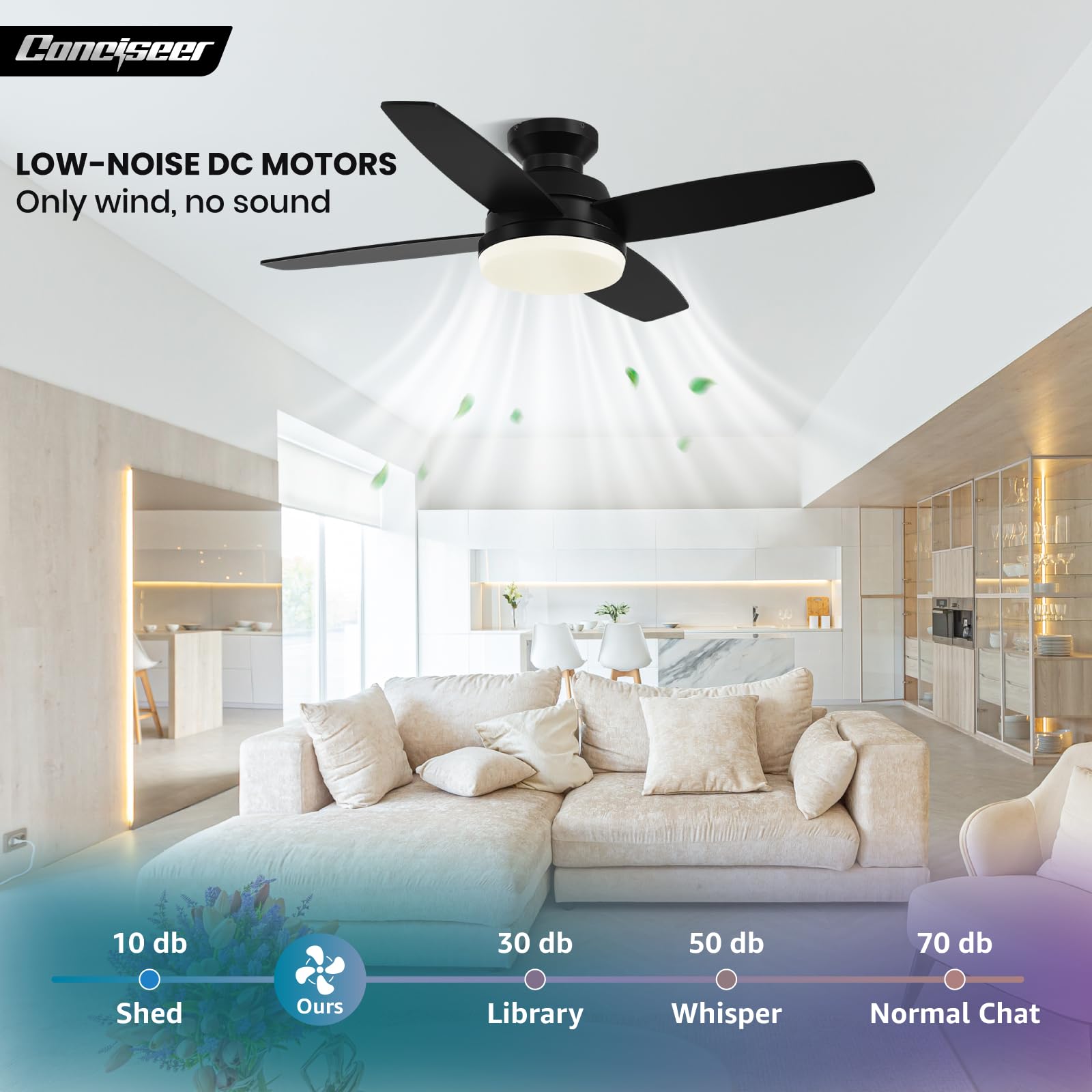 42\" Modern Flush Mount Ceiling Fan With Lights - Quiet DC Motor For Indoor/Outdoor Use