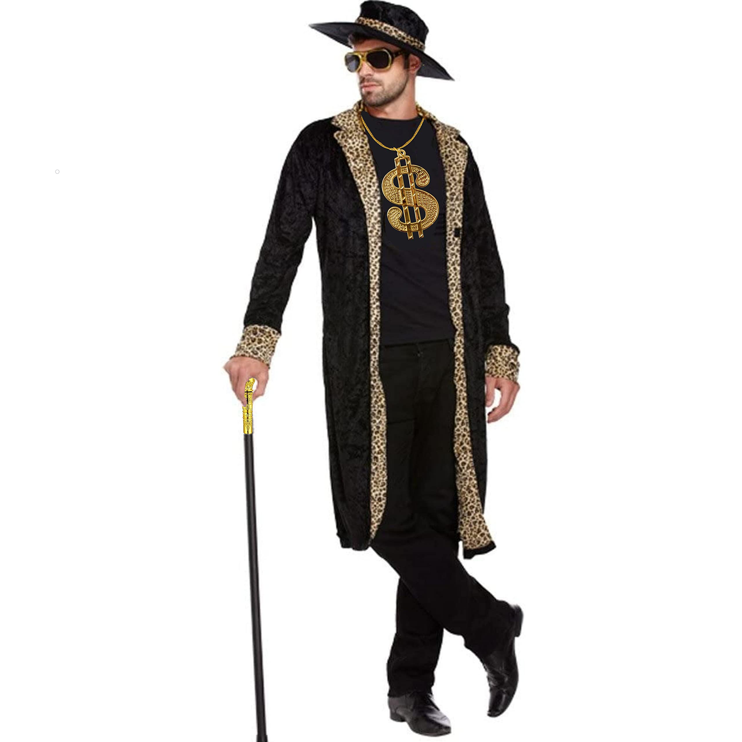Lizzy | Mens Costume Set | One Size, Black, Gold Accessories | Includes Jacket, Cowboy Hat, Stick, Necklace, Bracelet | 70s 80s Retro Fancy Dress Party Outfit