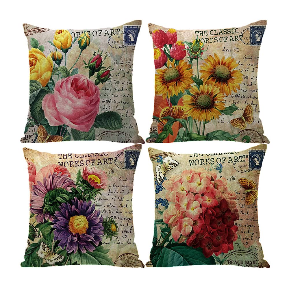 ORiTi Flower Throw Pillow Covers 45x45cm Floral Decorative Pillow Cushion Cases Linen Pillowcases Covers for Sofa Couch Car Bedroom Living Room Home Decor Set of 4