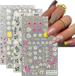 Daisy Nail Art Sticker 5D Exquisite Nail Art Supplies Flower Nail Decal 3D Self-Adhesive Luxurious Colorful Pink Floral Leaf Cherry Blossom Designs Stickers for Women Girls Nail Decorations 4 Sheets