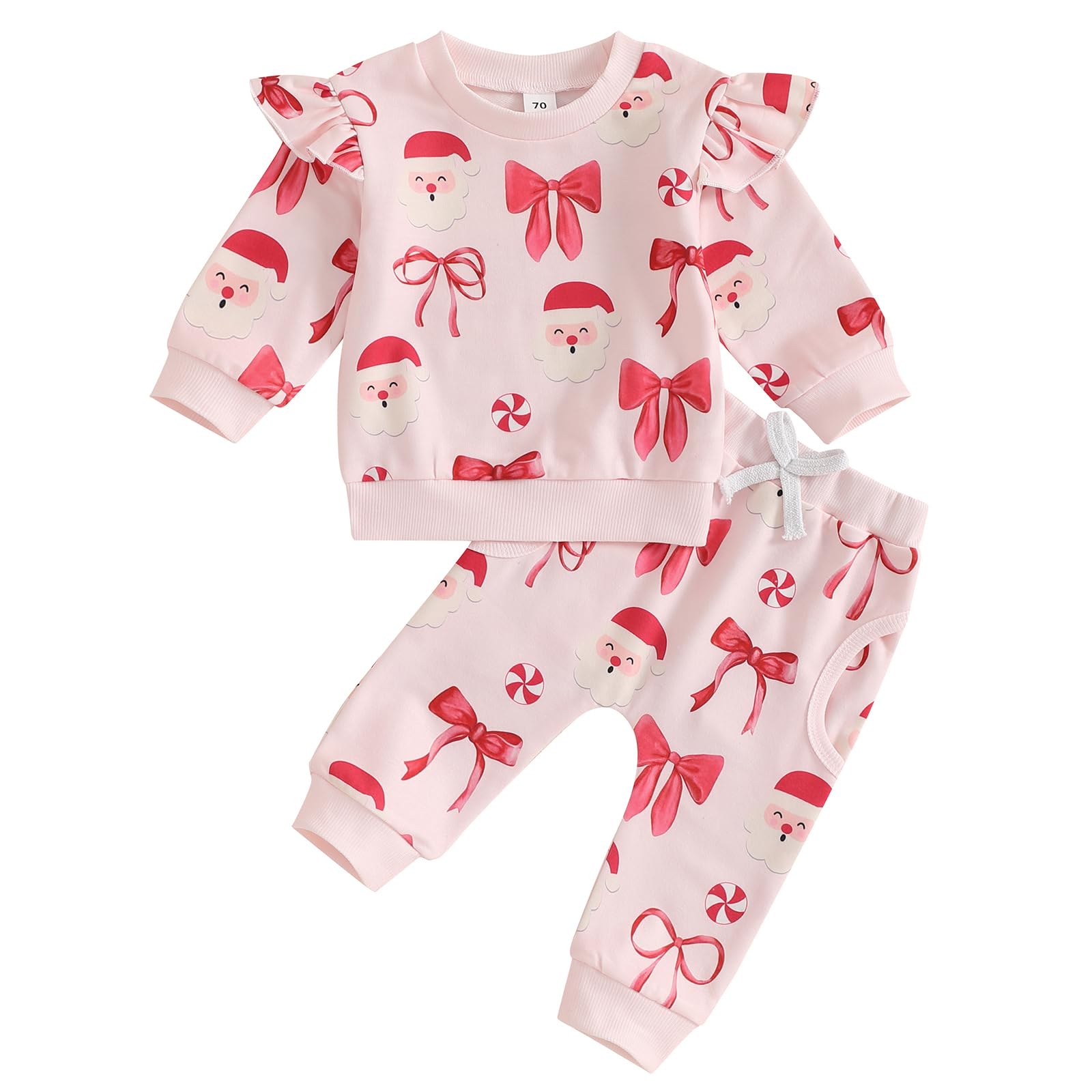 FYBITBO Toddler Baby Girl Christmas Outfit Santa Bow Print Long Sleeve Ruffle Sweatshirt Pants Set 2Pcs Fall Winter Clothes (Santa Claus, 2-3T)