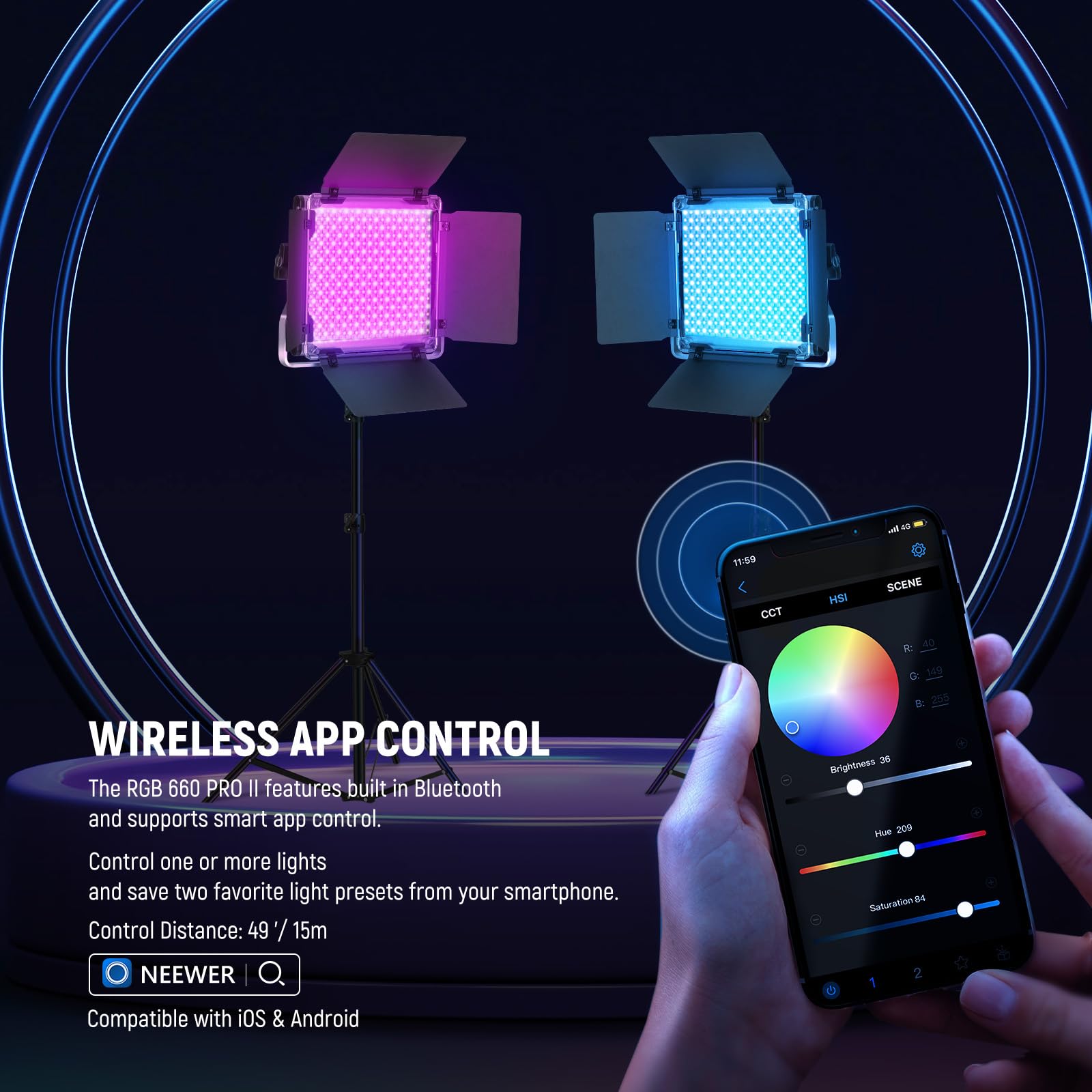 NEEWER Luce video da studio a LED RGB aggiornata con supporto per treppiede, controllo app 50 W 7000 Lx CRI97+ 3200-5600 K dimmerabile pannello kit di illuminazione per lo streaming di giochi e
