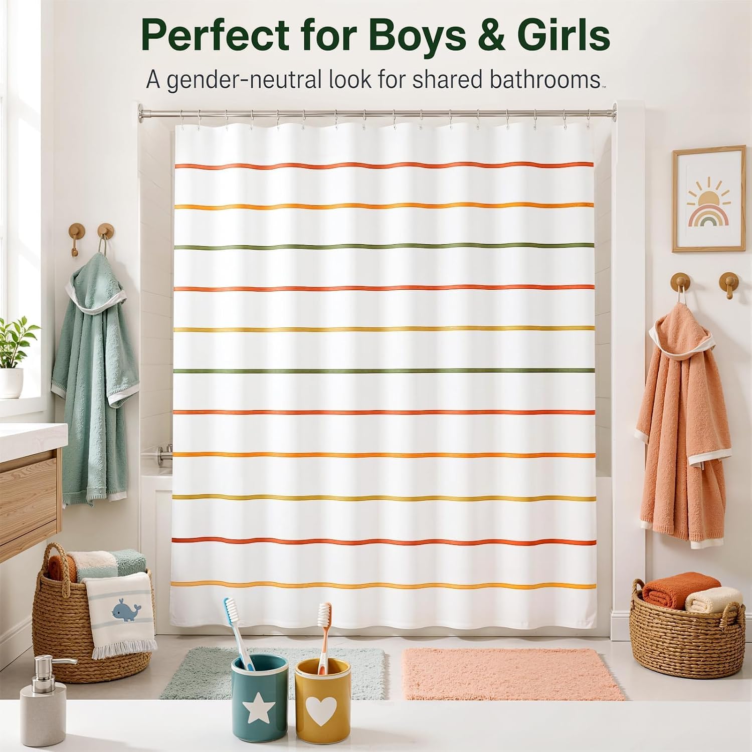 Kids Bathroom Shower Curtain, Colorful Hand-Drawn Stripe Design, 72 x 72