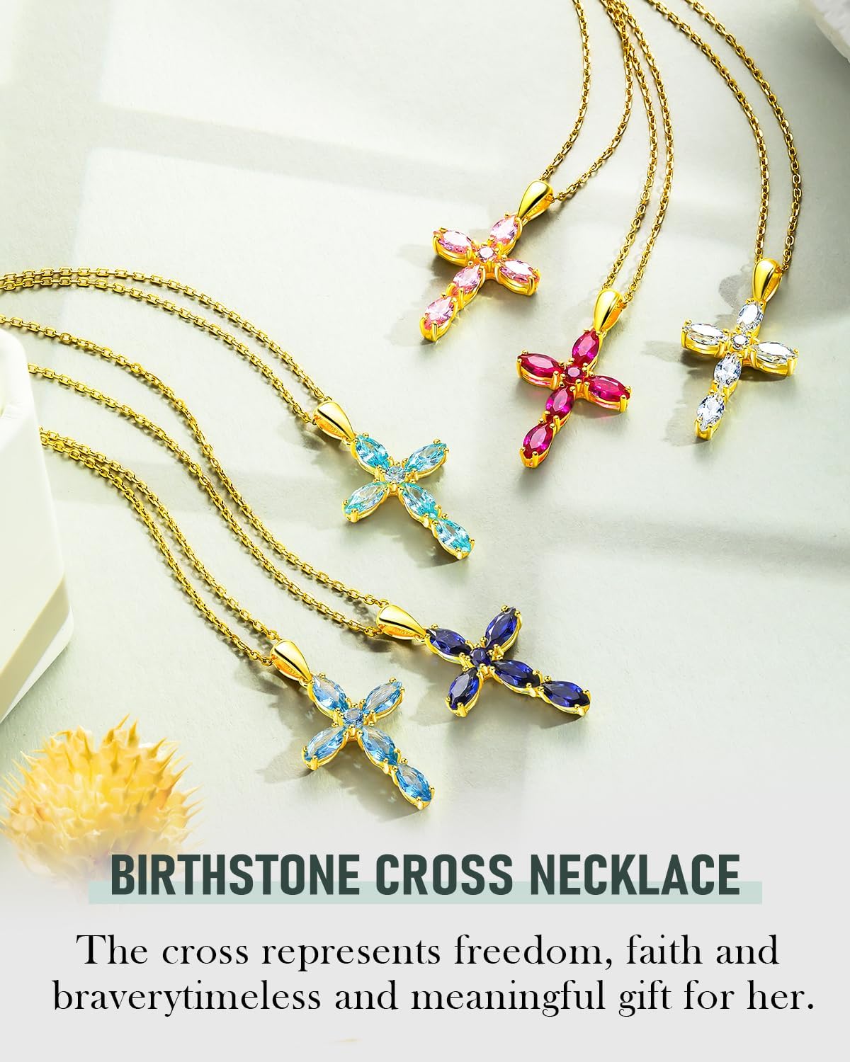 Created Gemstone Birthstone Cross Necklace 14K Gold Plated 925 Sterling Silver Christian Religious Jewelry Cross Pendant Necklace for Women Men
