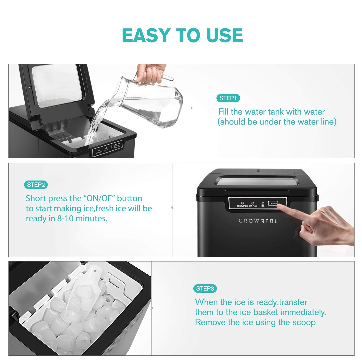 CROWNFUL Ice Maker Countertop Machine, 9 Ice Cubes Ready in 8 Minutes