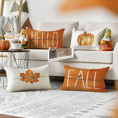 Miniatura 5 de AVOIN colorlife - Juego de 4 fundas de cojín de temporada de otoño con diseño de hojas de arce, con texto de Hello Pumpkin, Fall, Happy Harvest de