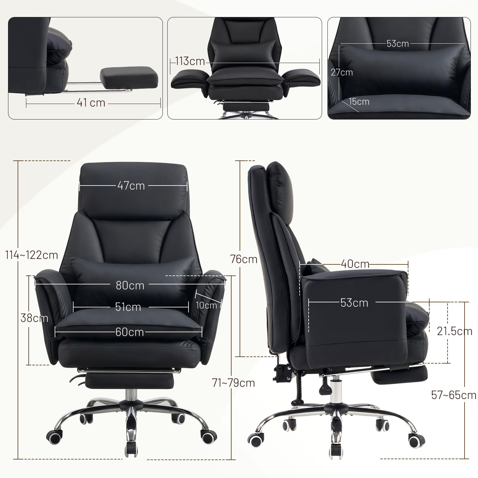 Bürostuhl Chefsessel Ergonomisch, Gaming Stuhl mit 5-Stufig Verstellbare Armlehnen & Fußstütze, PU Leder Schreibtischstuhl mit 135° Verstellbarer Rückenlehne & Lendenwirbelstütze, Schwarz