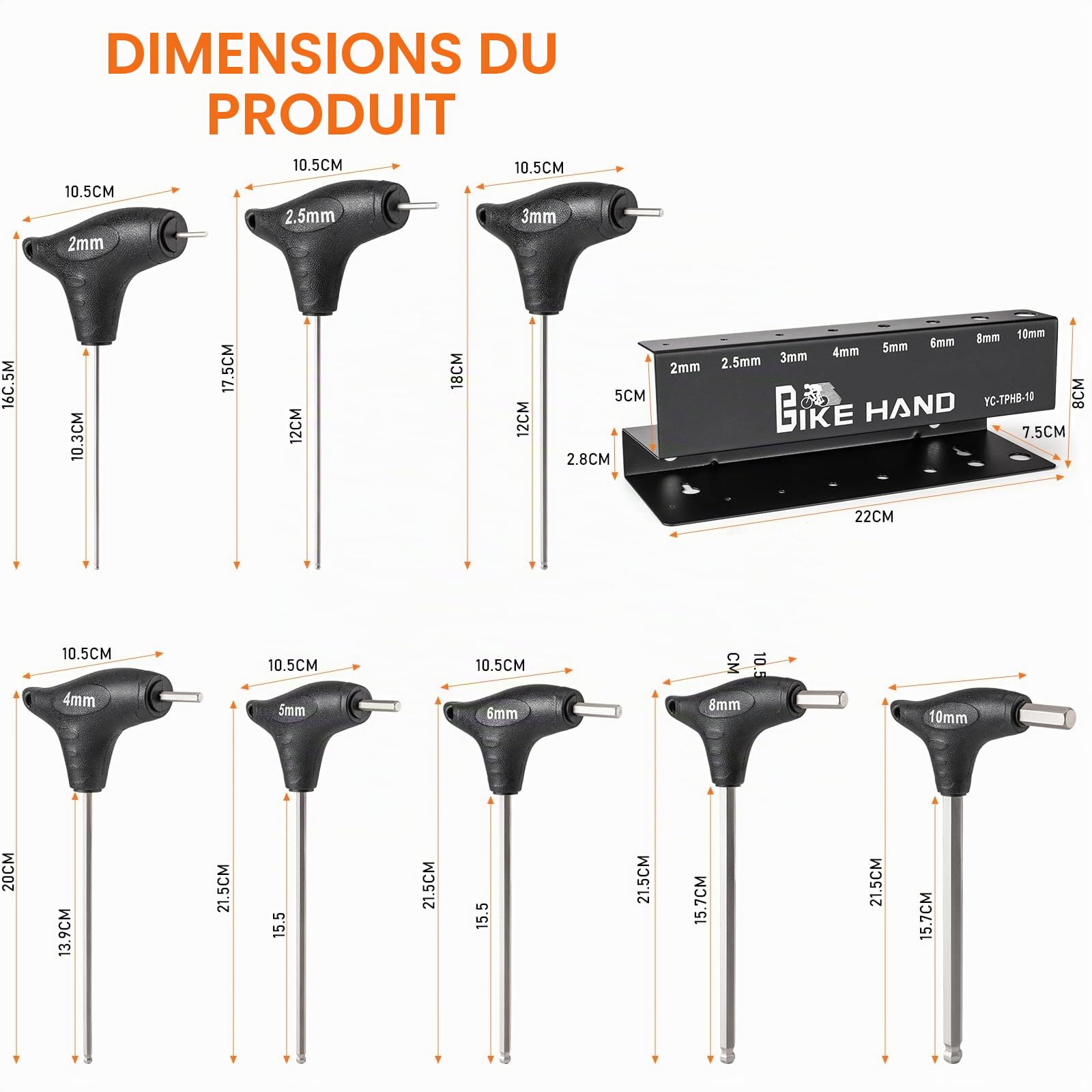 BIKE HAND Jeu de 8 clés Allen avec poignée en T, jeu de clés Allen 2, 2, 5, 3, 4, 5, 6, 8 mm et 10 mm