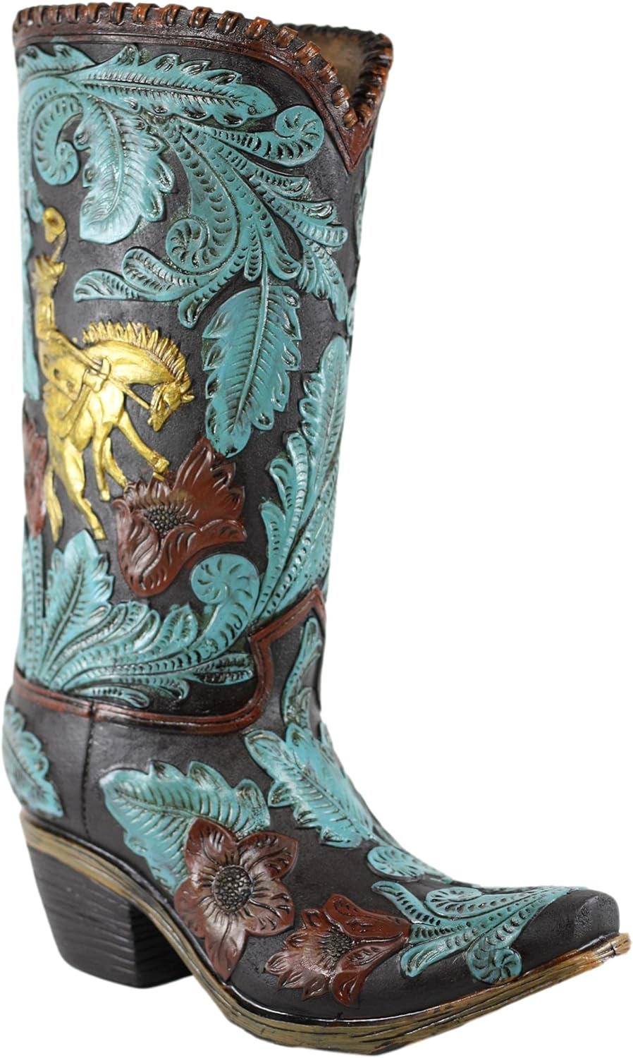 Ebros Rustic Southwestern Turquoise Floral Scroll Lace Damask Patterns Cowboy Cowgirl On Horse Boot Decorative Figurine Or Floral Vase Planter Tooled Leather Finish Table Shelf Countertop Accent