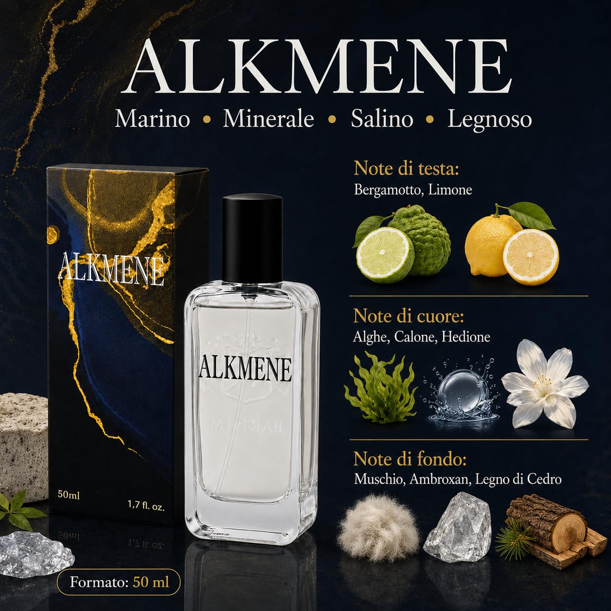 RAPTUS ALKMENE Intense Parfum 50 ml – Profumo Unisex Marino Ambrato ad Alta Intensità – Fragranza Acquatica Profonda e Minerale – Intense Parfum Lunga Durata