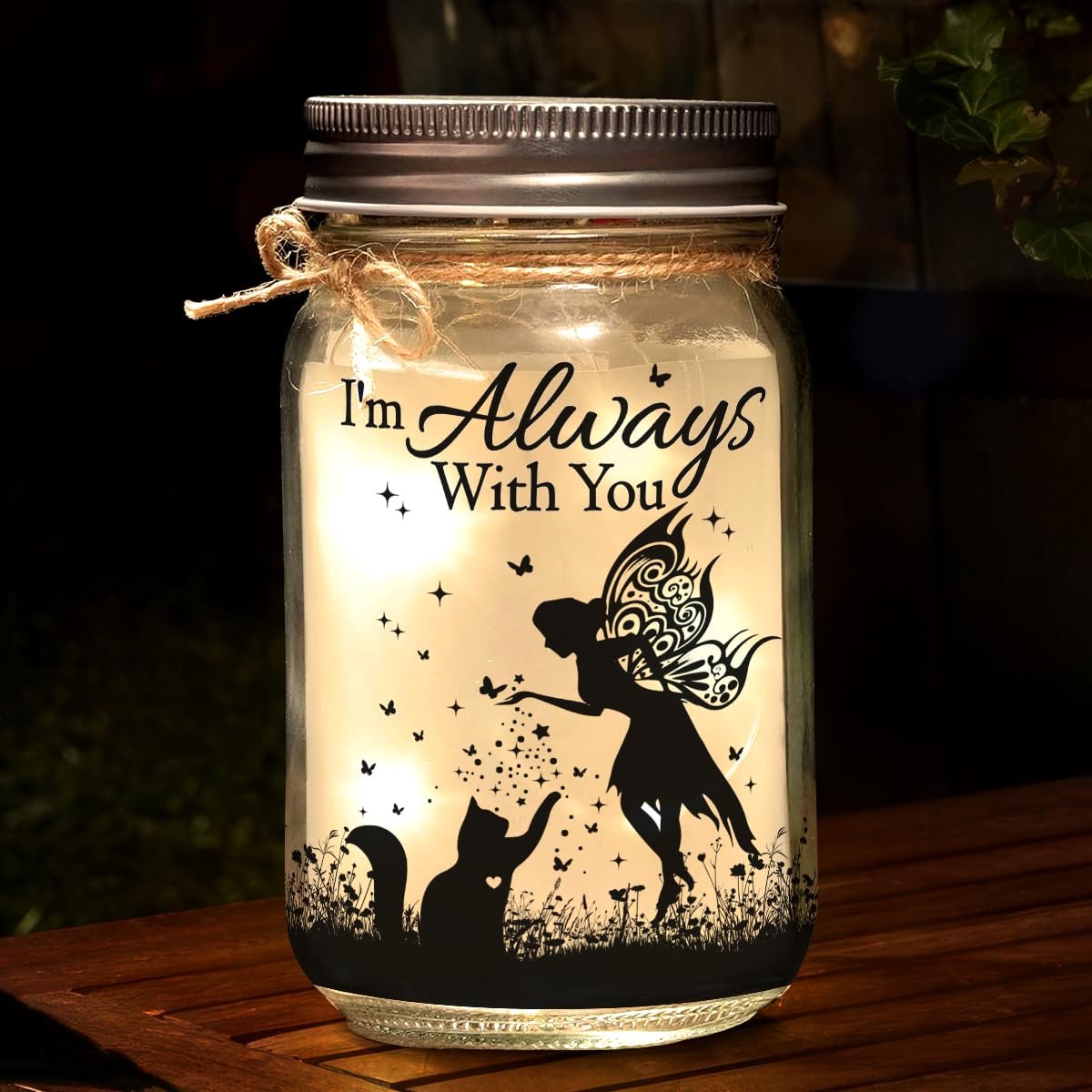 Pawfect House Gifts I'm Always With You Mason Jars LED Night Light, Cat Memorial Gifts for Loss of Cat, Pet Sympathy Gift, Centerpiece Table Decorations, Home Decor, 16oz Glass Jar with 10 Warm Lights
