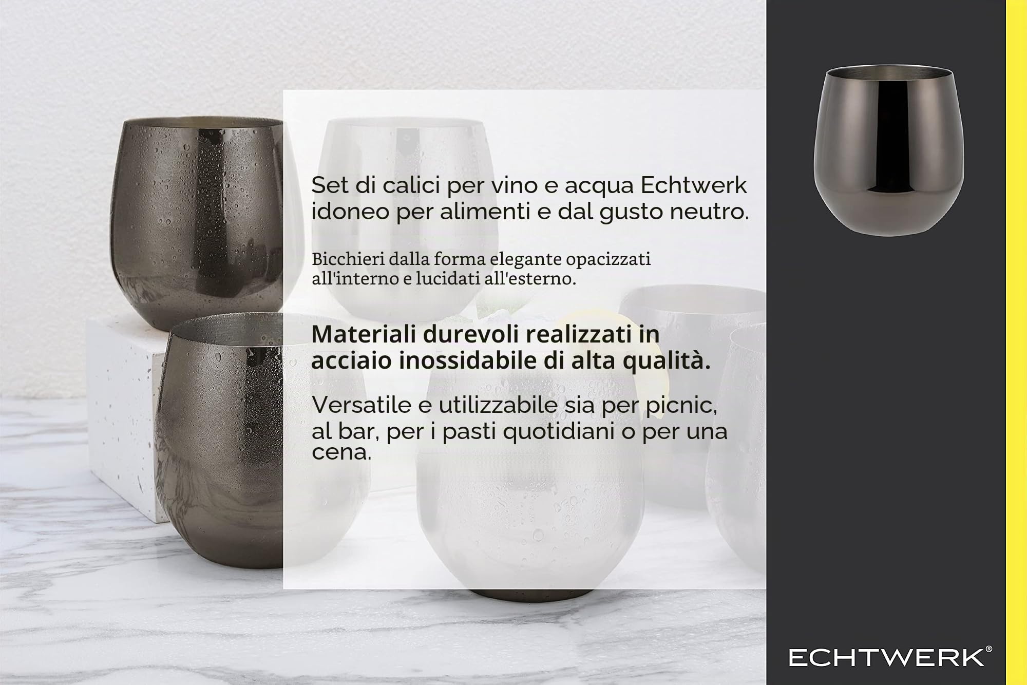 ECHTWERK Set di 6 bicchieri da vino e acqua in acciaio inox, edizione nera, 500 ml, 10 x 9,5 cm, 10 x 9,5 cm