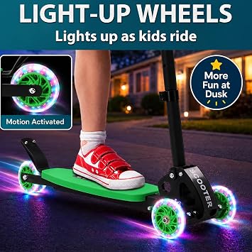 Kids Kick Scooter for 3-12,Lean-to-Steer 3 Wheel Scooter for Beginners with Light-Up Wheels,3 Adjustable Handlebar 27.533,6-Inch Wide Deck,Rear Foot Brake,Foldable Scooter for Boys & Girls