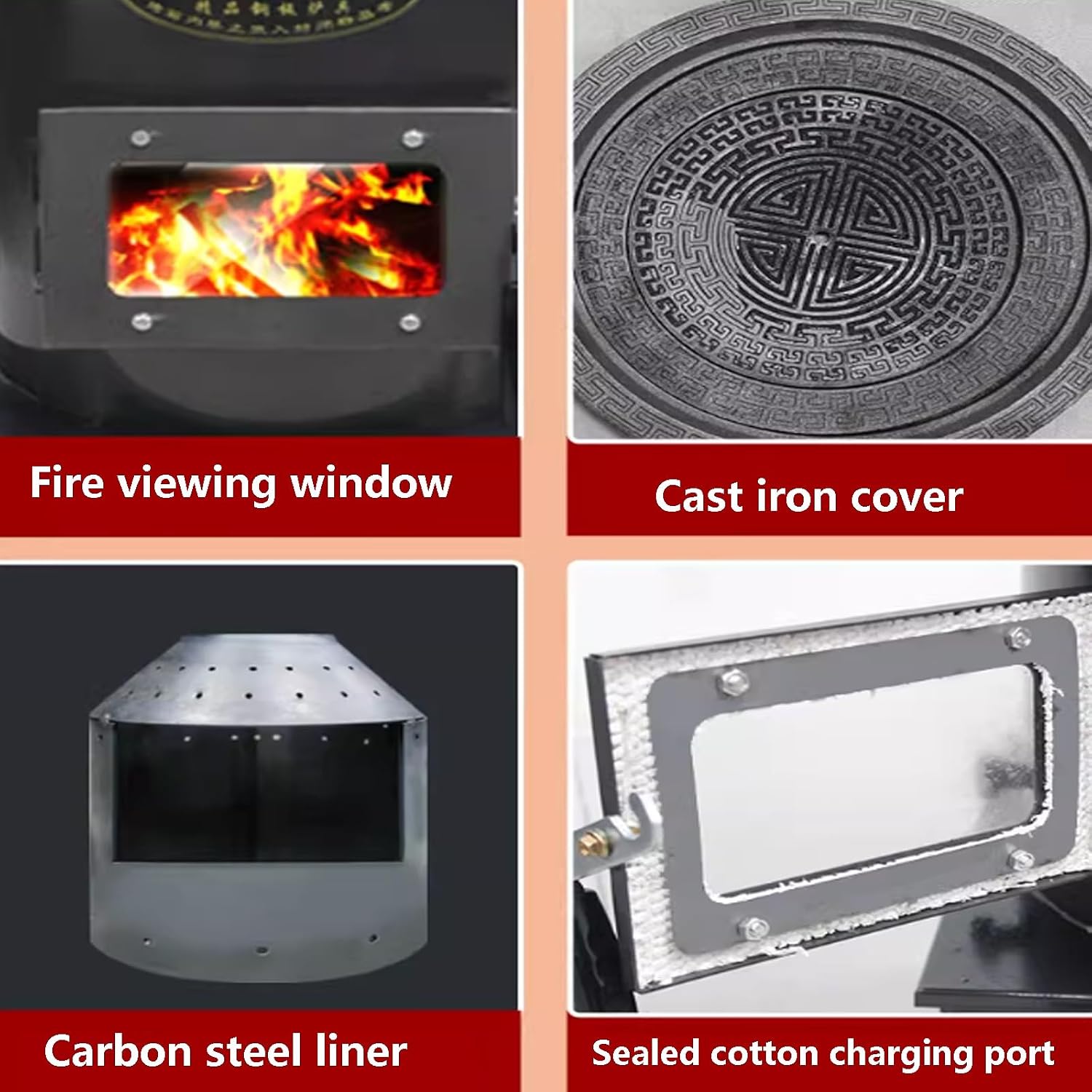 Gasification Wood Burning Stove With Swivel Casters & Viewing Window, Carbon Steel Cast Iron Heating Stoves Fast Heat For Home Heating & Outdoor Cooking, Energy-Saving