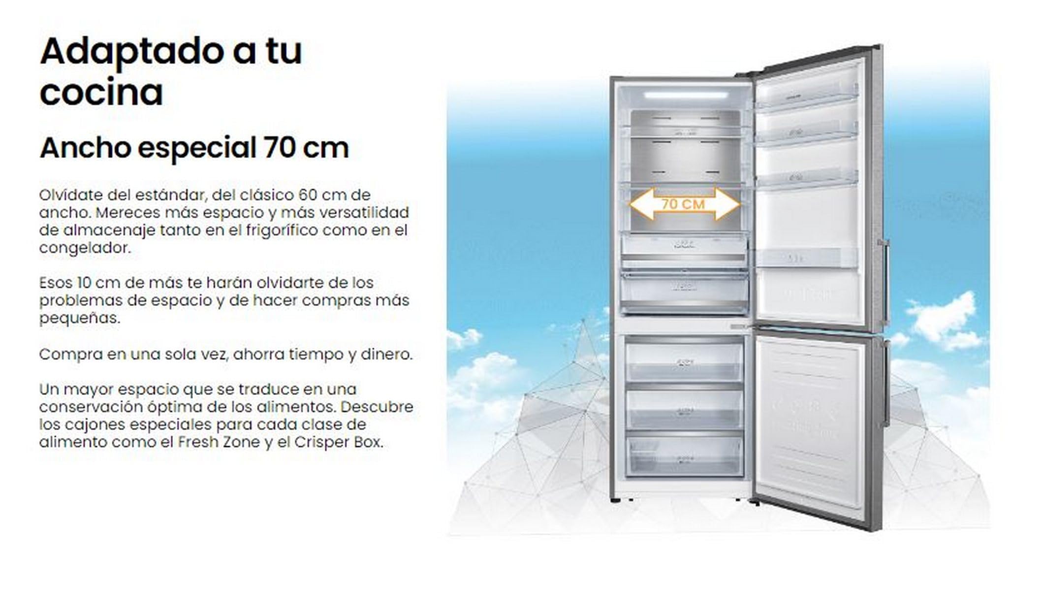 INFINITON | Frigorifico FGC-469WC20XEM | 200 cm de Altura| Clase E| 495 Litros| Ancho 70 cm | Acero inoxidable