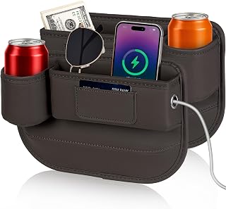 Kwak's 2 Pack Car Seat Covers Gap Filler Organizer, Multifunctional Universal Storage Box with Cup Holder for Phone, Glass (Brown)