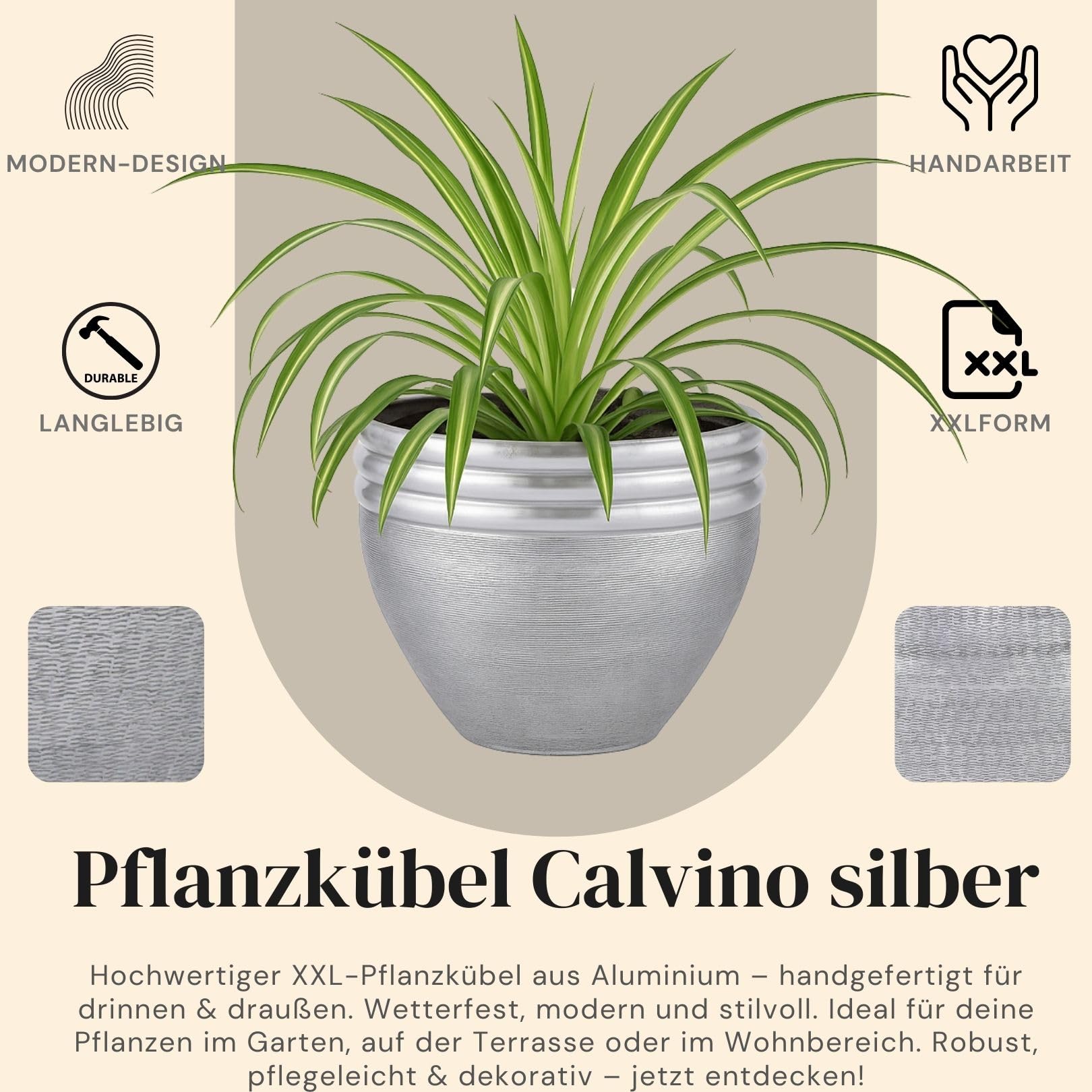 Marrakesch XXL Aluminiowa donica na kwiaty, Ø 47 cm, srebrna matowa, 61 l, duża, okrągła, do użytku na zewnątrz, do wnętrz, do ogrodu, na balkon i do salonu