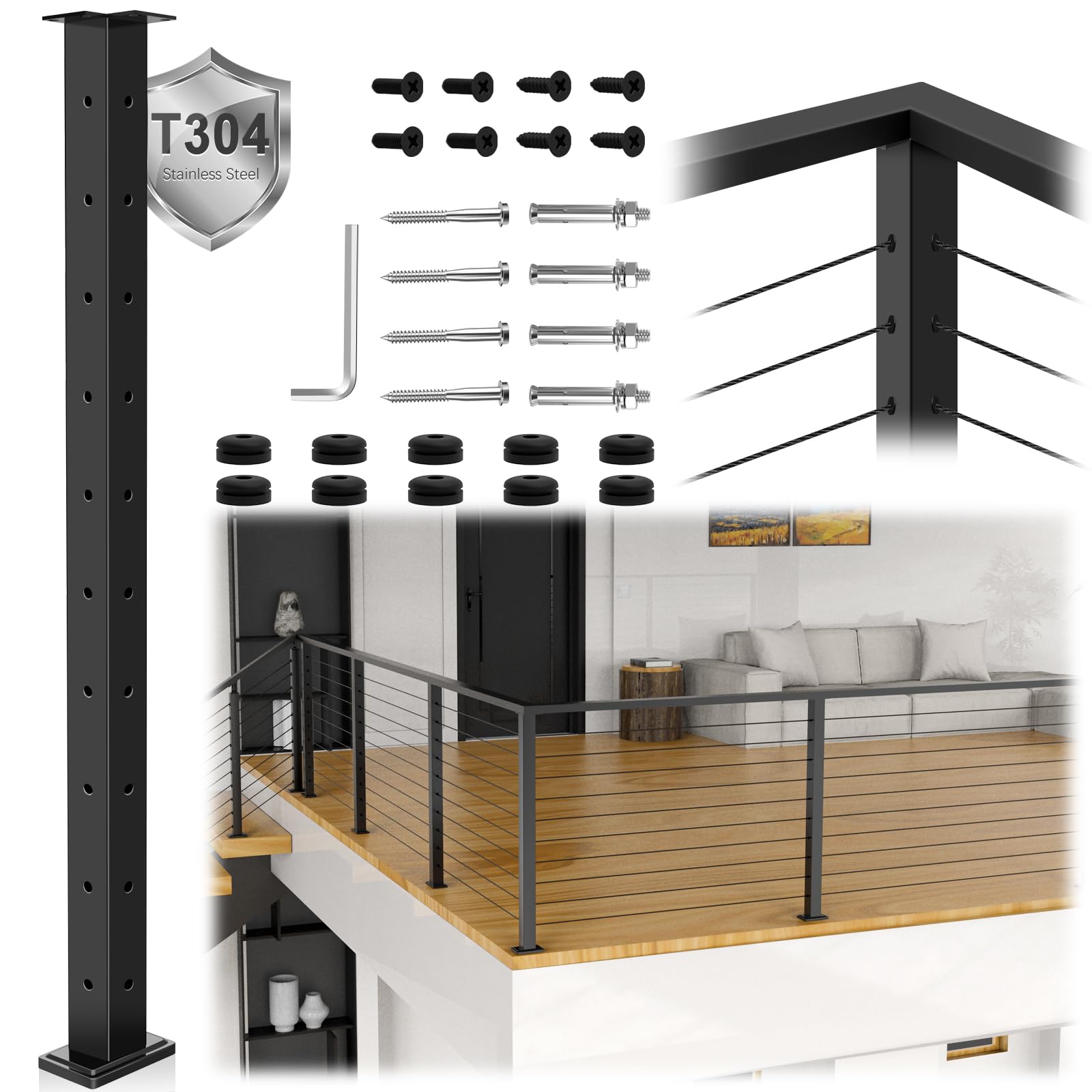 Zylorix T304 Cable Railing Corner Post 36"(Post 35"x2"x2"), 90° Drilled Railing Post with Cable Grommets, Fixed Top Mount Stainless Steel Black Finish L-drilled Deck Staircase Post
