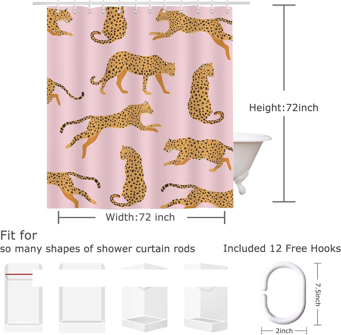 Inshere Cute Leopard Shower Curtain with 12 Hooks Pink Cheetah Animal Bathroom Curtain 72x72 Inch Waterproof - Image 2