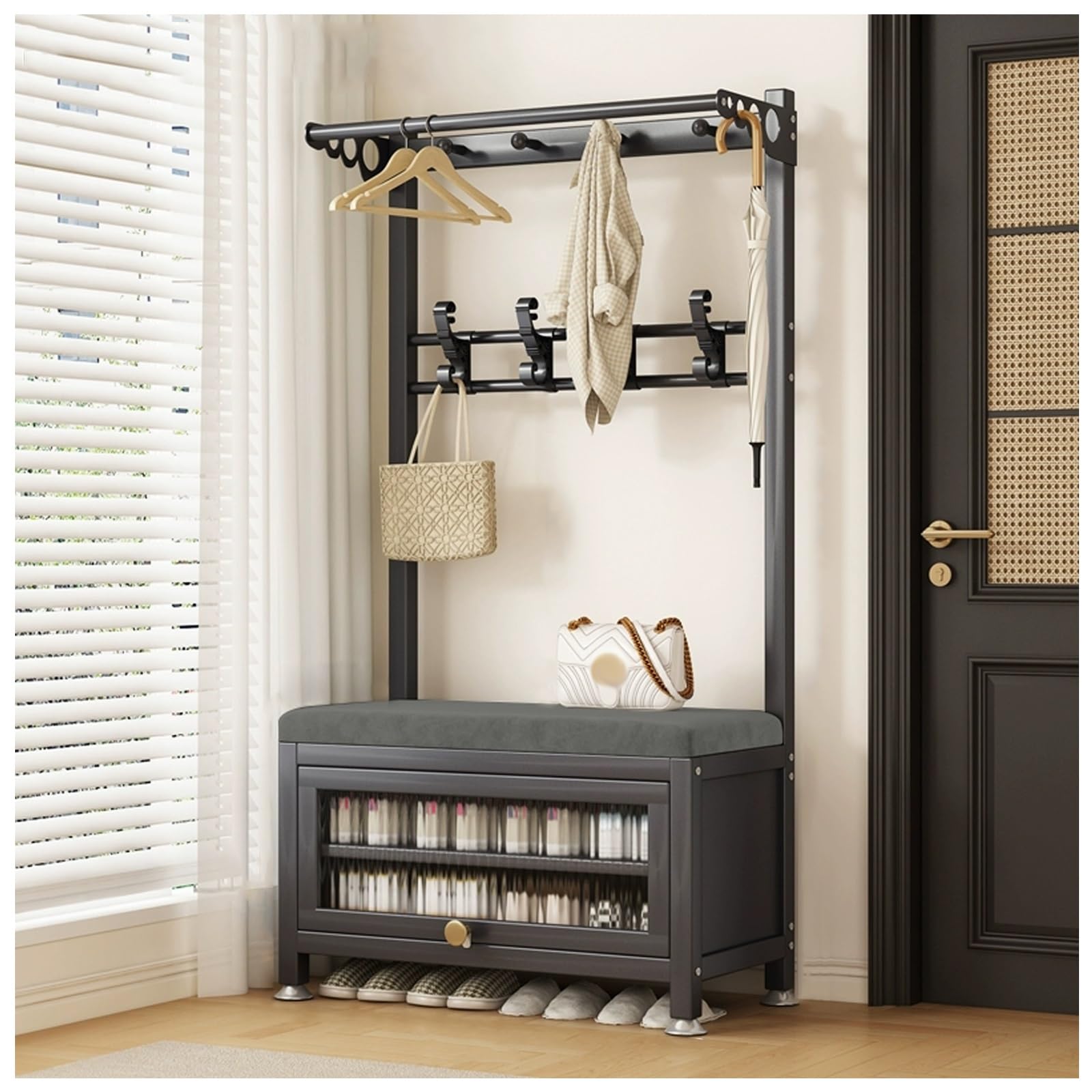FGXHHS Hall Tree with Bench and Shoe Storage, 3-in-1 Freestanding Wooden Coat Rack，Coat Rack ，Hall With Storage Bench,Coat Hooks Side Hooks(Black,L100*W36CM/L39.3*W14.1IN)