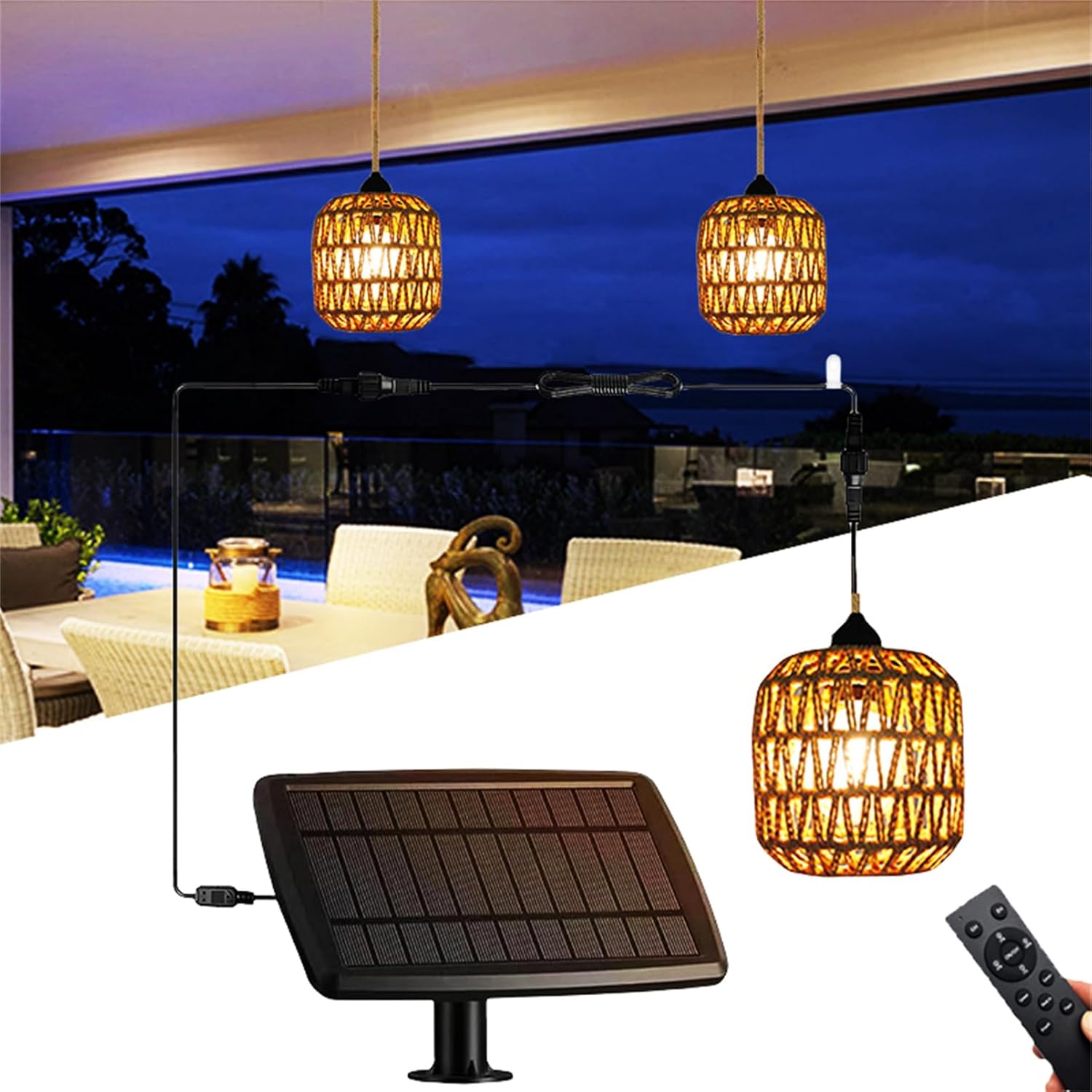 Solar Chandelier Outdoor Gazebo Hanging Light Solar Chandelier Rattan Solar Pendant Light Outdoor with Timer Dimmable Remote Control Gazebo Chandelier for Yard Patio Porch Garden