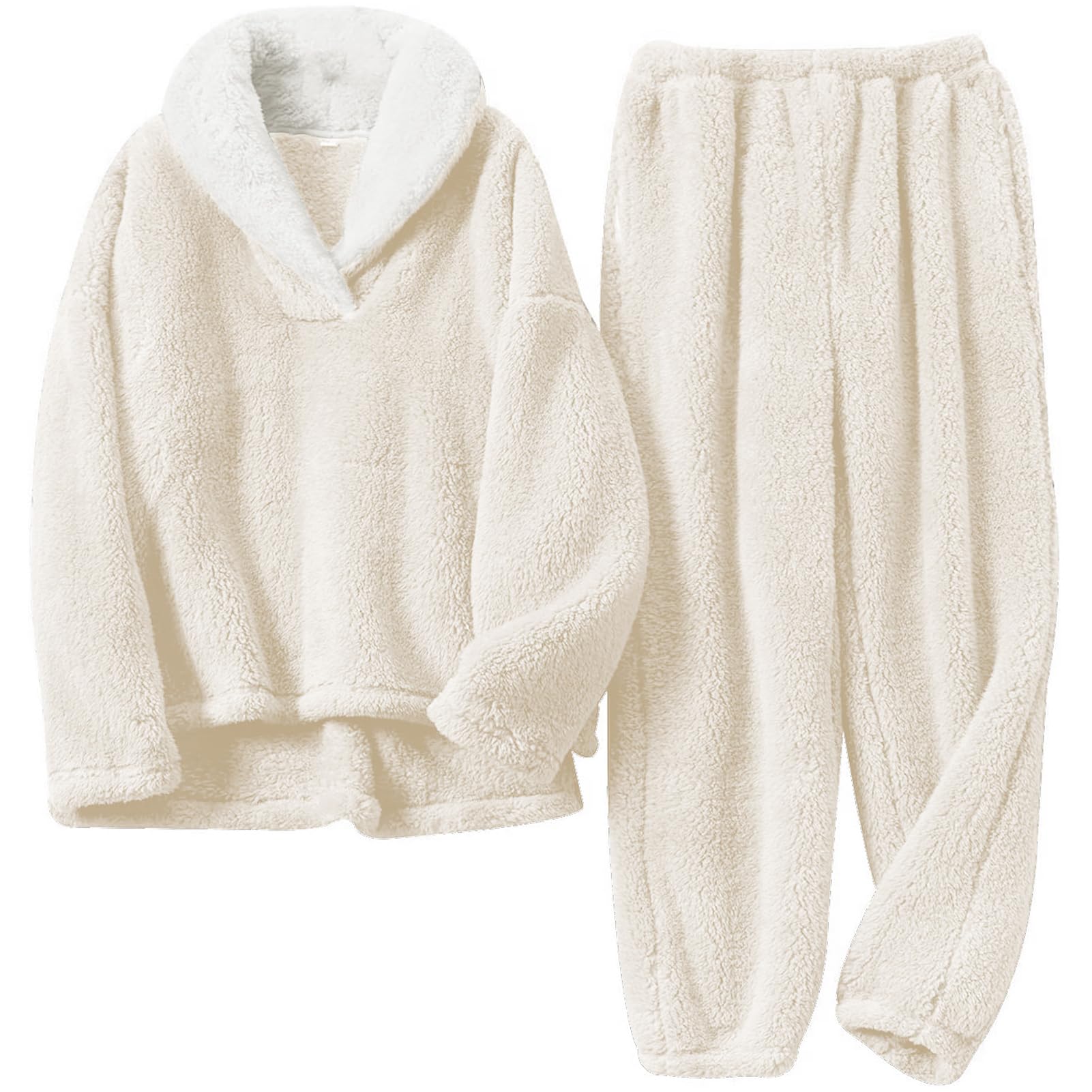Damen Flauschiges Loungewear-Set Fleece Winter Oversized Pullover Hosen Pyjama Nachtwäsche Set Plüsch Warm Casual Pyjamas 2 Stück